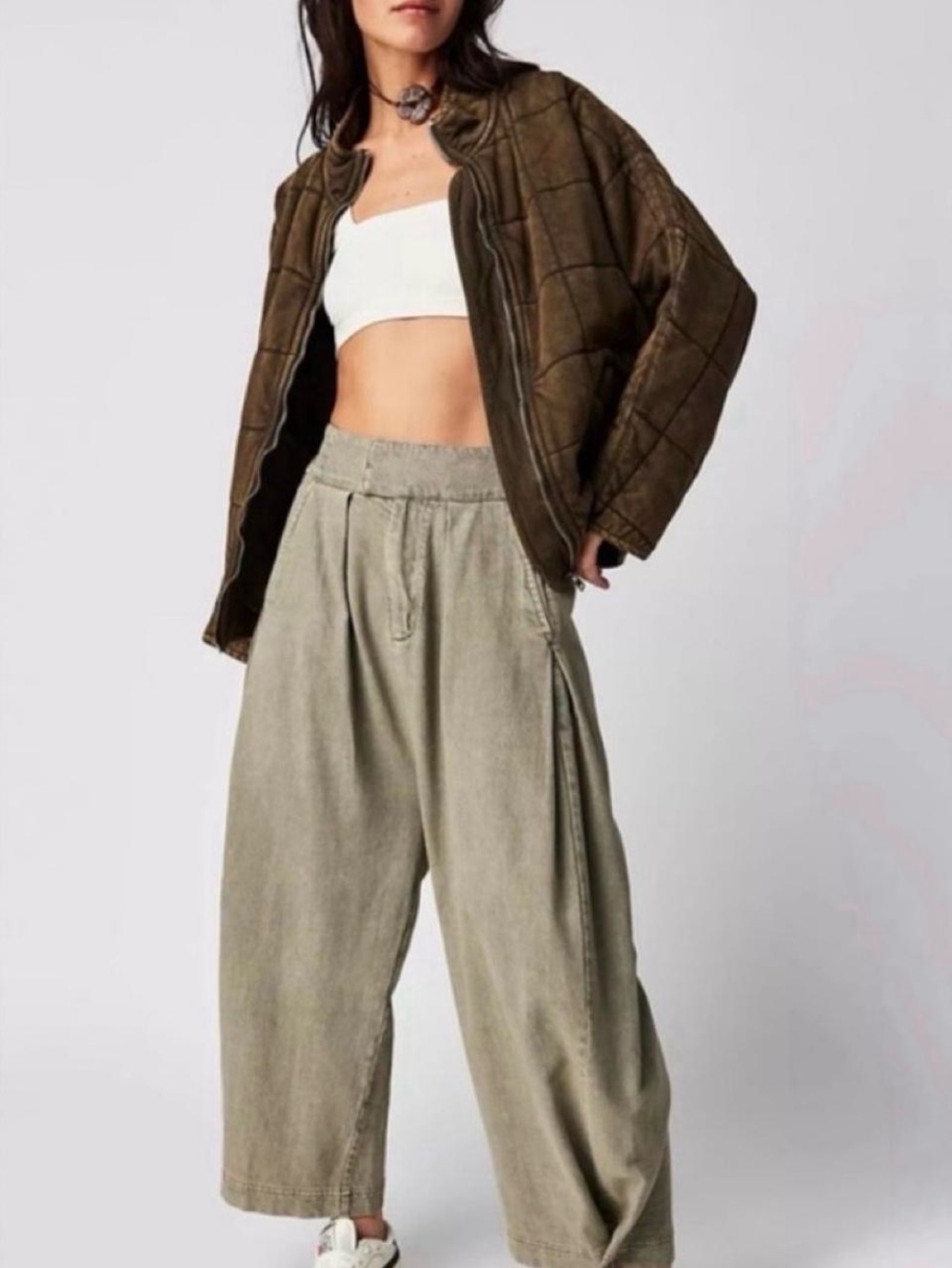 Free People Cool Harbor Wide Leg Pants | Olive Green - Picture 1 of 5